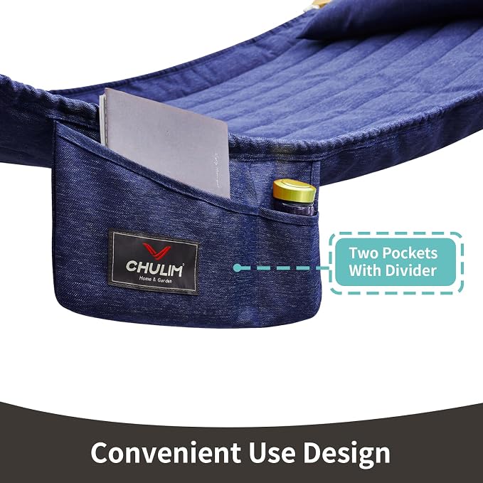 Double Quilted Fabric Hammock with Hardwood Spreader Bars and Pillow 450 LBS Capacity 2 Person Large Hammock for Outdoor Patio Backyard Poolside - Dark Blue - Image 4