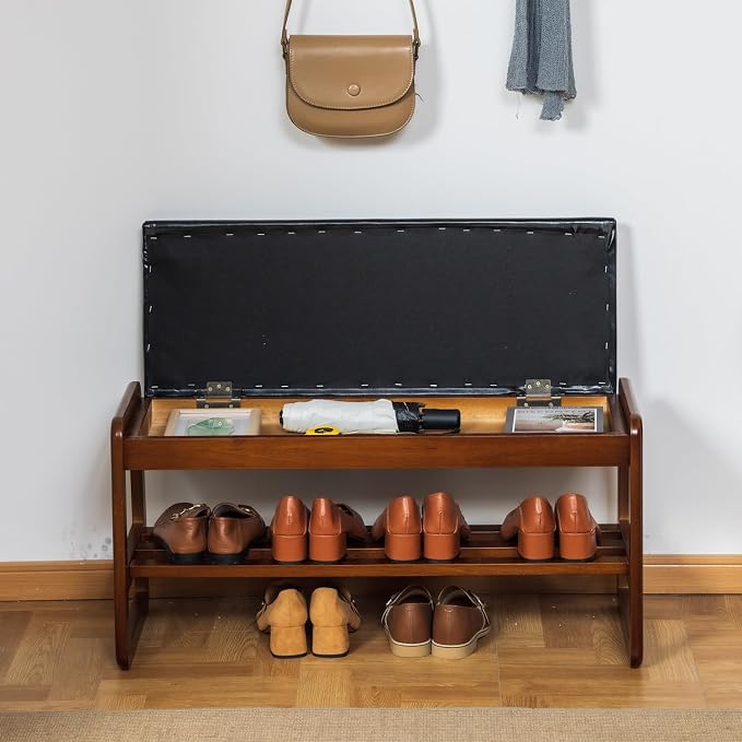 latifolia Shoe Rack Bench, Entryway Shoe Bench with Cushion, Flip-Open Storage Compartment, 2-Tier Shoe Organizer(Black,31.50''L) - Image 4