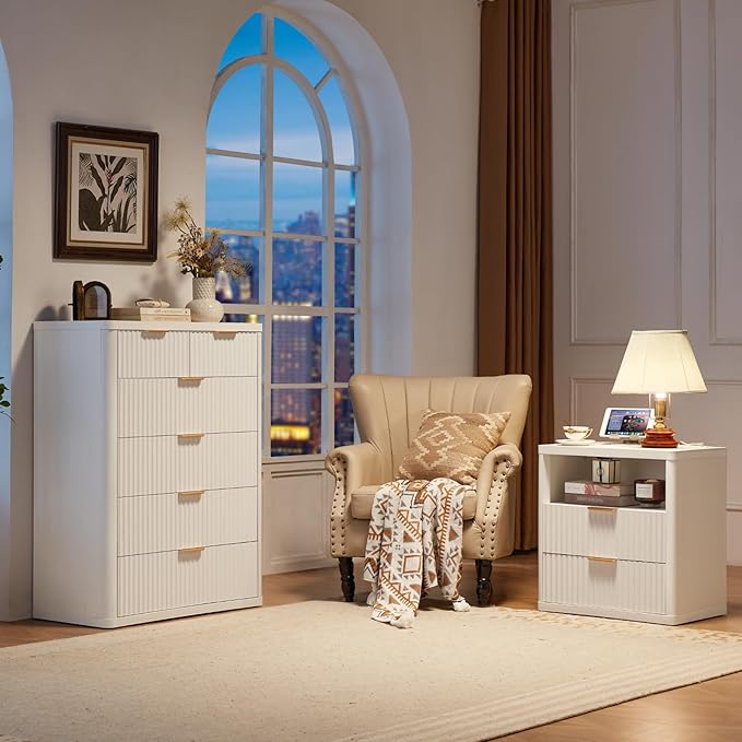 LEYAOYAO 42" Tall Fluted Dresser and 2 Drawers 23" Nightstand Set of 2,Wooden Dresser & Night Stand with Charging Station,3 Piece Bedroom Furniture Set,Chest of Drawer for Living Room,Antique White