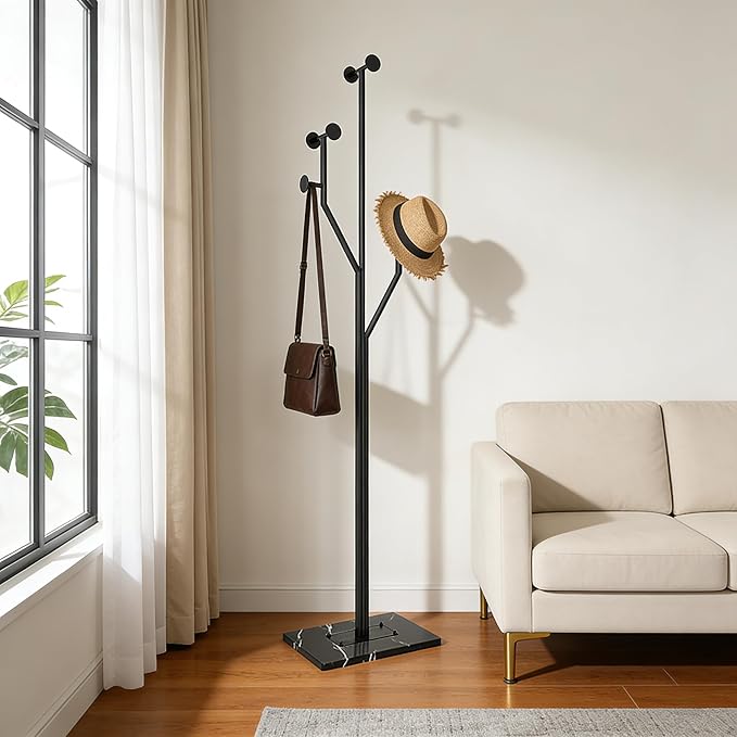 JIAYUEJU Freestanding Coat Rack Tree-shaped Metal Coat Tree with Heavy Duty Marble Base Corner Clothing Rack for Bedroom Entryway Hallway 14.96 x 10.24 x 68.9 Inches (Black) - Image 7