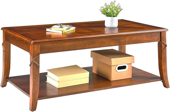 MODERION Solid Wood Coffee Table with Storage Shelf, Mid-Century Living Room Table with Wood Carved Tabletop and Leg, 43.3” Splicing Cocktail Center Table,Easy Assembly, Cherry Brown KFZ-DR200