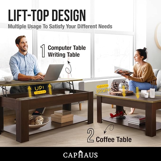 CAPHAUS 47' Natural Oak Lift Top Coffee Table with Storage, 110 lbs Capacity, 11 lbs Lifted