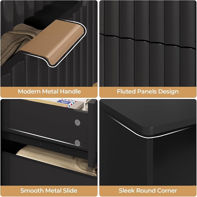 VIAGDO Fluted Nightstand Set of 2 with Charging Station and LED Lights, Modern Night Stand Set 2 with 2 Drawers and Open Storage Cabinet, Bed Side Tables with Gold Metal Handle for Bedroom, Black - Image 8