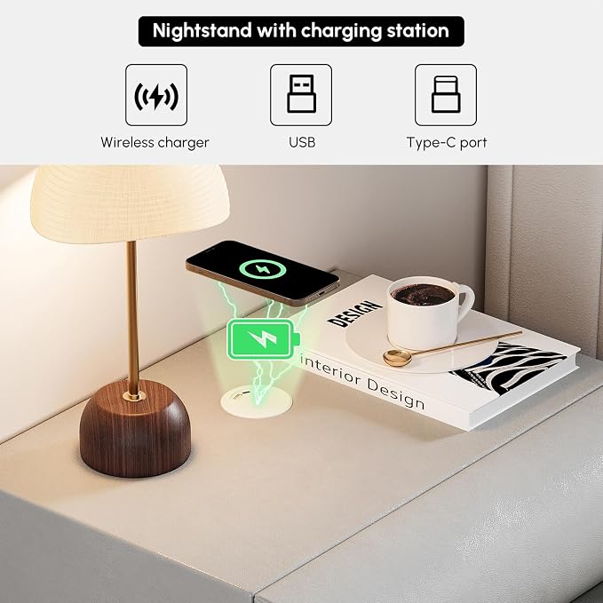 homary Smart Nightstand Modern White Leather Nightstands with Wireless Charger Bedside Table with 3 Drawers for Bedrooms Living Rooms Offices 19.7" W x 16.1" D x 23.6" H - Image 3