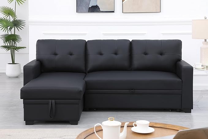 ERYE 82-inch Pull Out Sleeper Couch Bed, L-Shaped Reversible Sleeper Sectional Sofa Faux Leather Tufted Upholstered Corner Convertible Sofa Bed with Storage Chaise