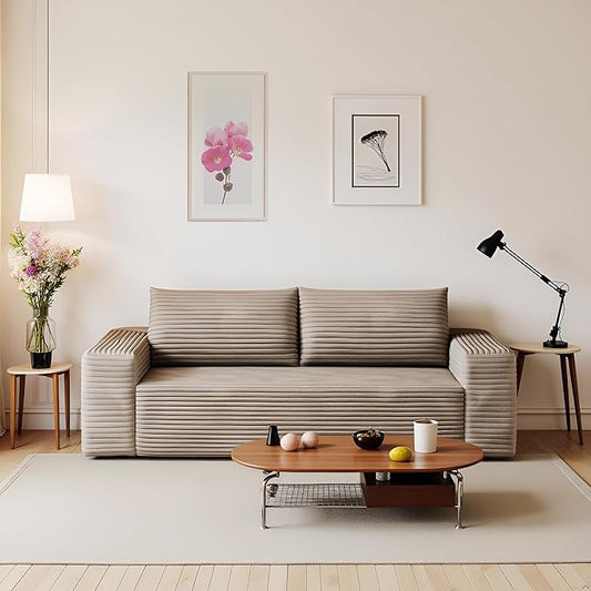 JINGLING 63" Small Couches for Small Spaces, Comfy Boneless Couch in a Box, Love Seat Compressed Sofa for Living Room Bedroom, Apartment Furniture, No Assembly, Corduroy, Camel
