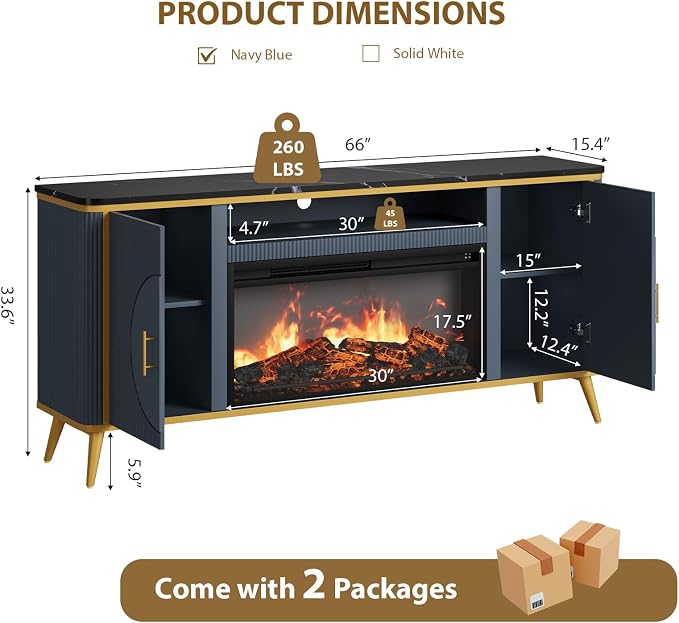 Fluted Fireplace TV Stand Up to 80" TVs, Modern Entertainment Center with 30" Electric Fireplace, Luxury Media Console with Adjustable Shelves for Living Room, Navy Blue - Image 3