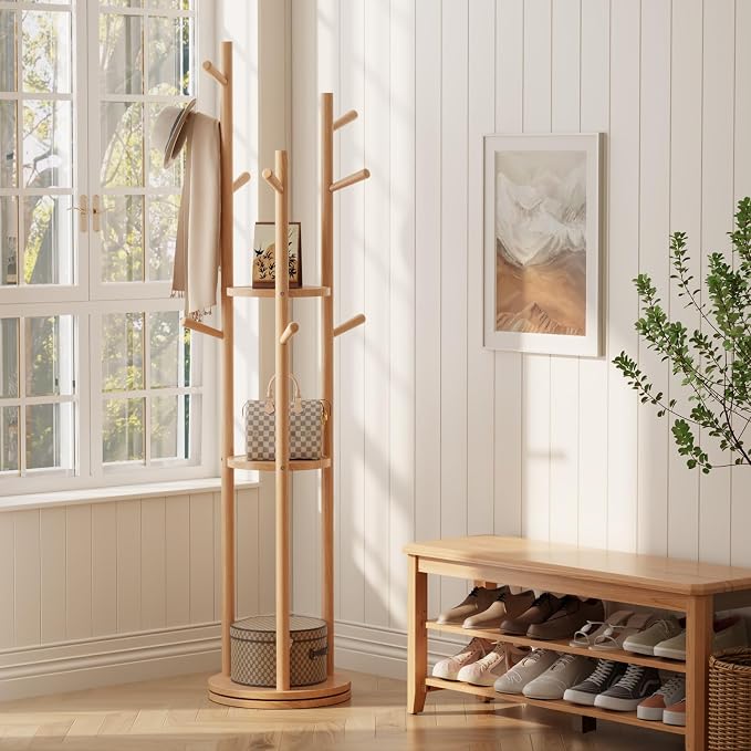 Muwuele Solid Wood Rotary Coat Rack, Freestanding Coat Rack with 3 Shelves and 9 Hooks, Coat tree for Bedroom, Entryway, Livingroom, Coat Hanger Stand for Coats, Scarves, Handbags (Natural) - Image 9