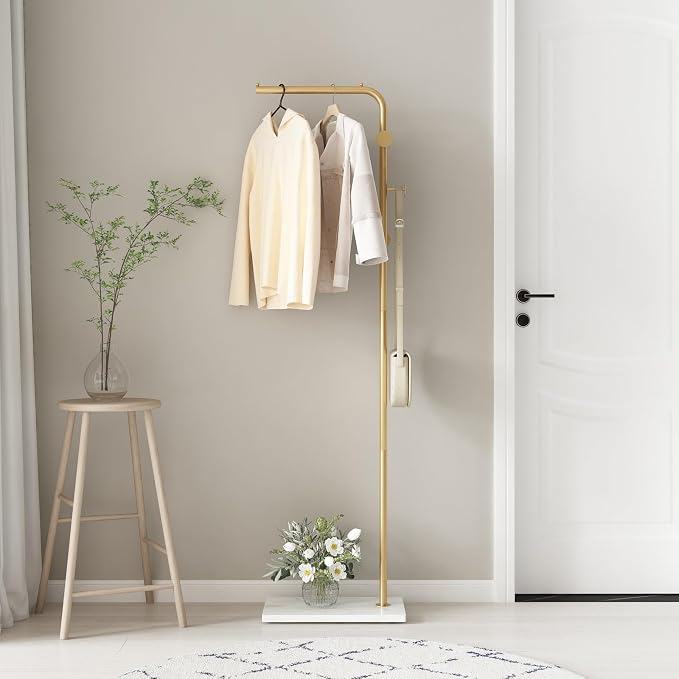 TIEOU Gold Coat Racks, Metal Coat Racks Freestanding with Crossbar and 3 Hooks, Modern Coat Hanger with Marble Base, L Shaped Coat Stand for Entryway, Bedroom, Living Room, Office - Image 5