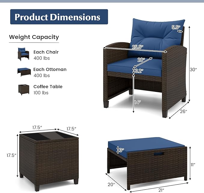 Tangkula 5 Pieces Patio Conversation Set, PE Wicker Rattan Outdoor Furniture Set with 2 Chairs, 2 Ottomans & Tempered Glass Coffee Table, Ideal for Poolside, Backyard, Lawn, Deck, Mix Brown & Navy