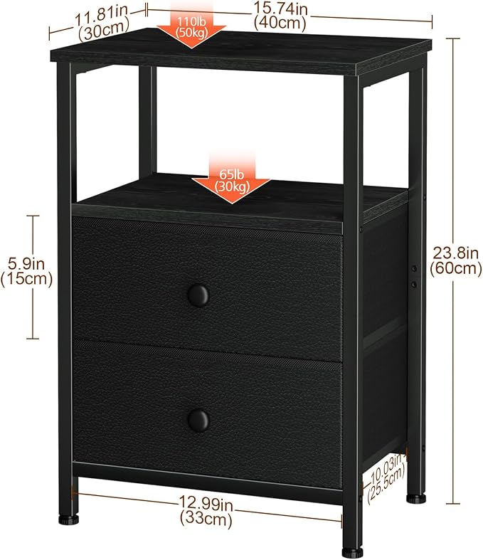 LOAKEKEL Night Stand, Nightstand with 2 Fabric Drawers for Bedroom, Small End Table with Open Storage Shelf for Living Room, Bedisde Table for Apartment, Black, HETS002BK-1 - Image 5
