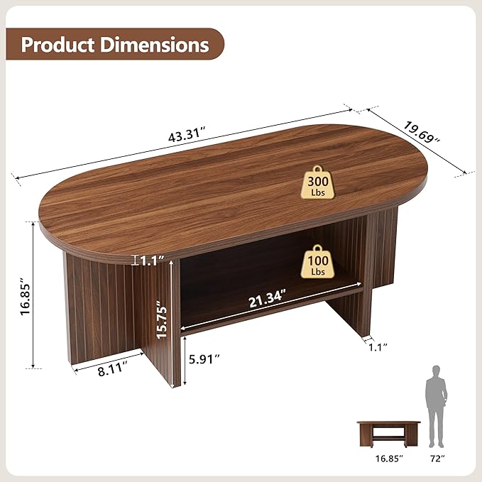 43.3” Coffee Table with Storage, Oval Coffee Tables for Living Room, Farmhouse Fluted Coffee Table with Large Storage Shelf, Wood Center Table for Small Space, Walnut