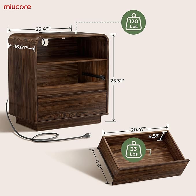 Nightstands Set of 2, Wide Round Bedside Table Set with Charging Station, Large End Table with 2 Drawers Curved Design Modern Nightstand for Bedroom Sofa Home Office Walnut - Image 3