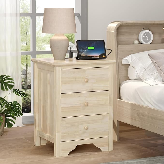 Bonnlo Solid Wood Nightstand Unfinished for Color DIY, 18.54" W Nightstand with Charging Station, Nightstand with Drawers, Natural Wood Nightstands/Bed Side Table/End Table, Night Stand for Bedroom by Bonnlo