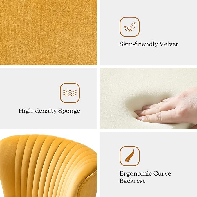 HULALA HOME Velvet Accent Chair, Modern Upholstered Cute Side Chair with Gold Metal Legs, Armless Wingback Slipper Chair Comfy Living Room Chair for Bedroom Guest Room Vanity, Mustard