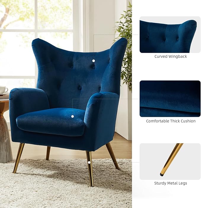 HULALA HOME Velvet Accent Chair Set of 2, Modern Wingback Arm Chair with Metal Gold Legs, Velvet Tufted Upholstered Single Sofa Chair (Navy)