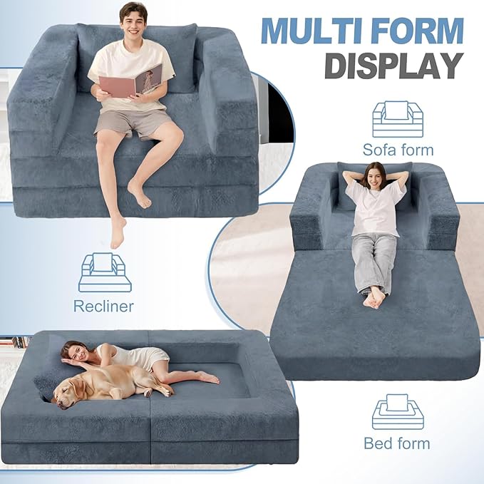 Futon Sofa Bed with Pillow, 3-in-1 Sleeper Sofa Bed with Removable Cover, Convertible Floor Sofa Bed, No Assembly Boneless Couch for Living Room, Bedroom