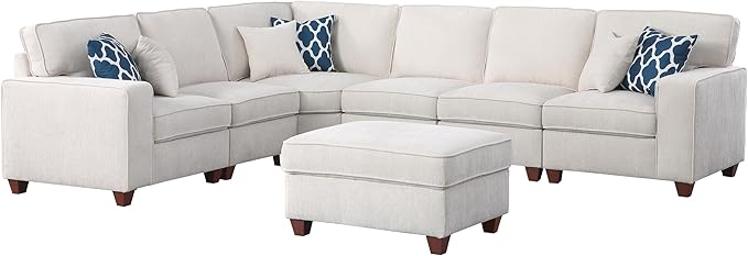 Ball & Cast 116" L-Shaped Sectional Couch with Movable Ottoman and 6 Throw Pillows,7 Seat Chenille Upholstered Sectional Sofa W/Wide Armrest,DIY Combination,Comfy Sectionals Set for Living Room,Beige