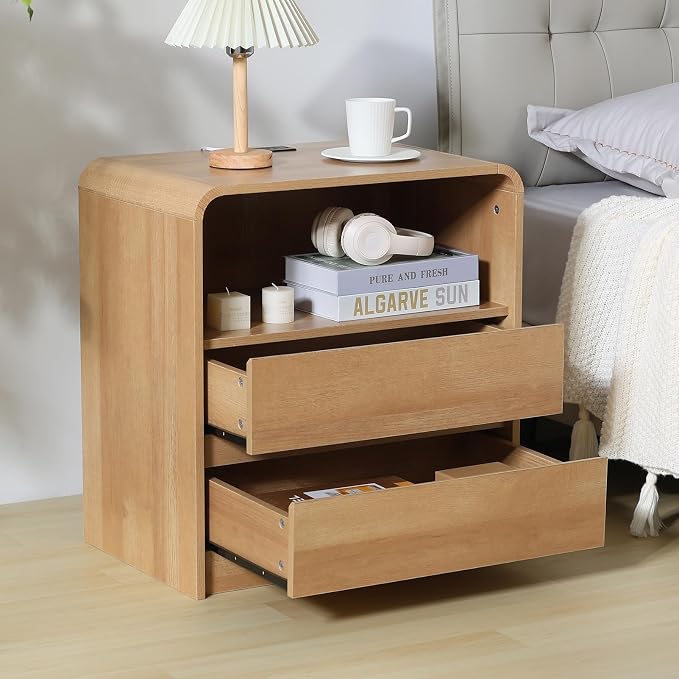 Modern Nightstands Set of 2, Oak Night Stand with Charging Station, Wood End Table with 2 Drawers, 23.6'' Wide Bedside Cabinet for Bedroom - Image 2