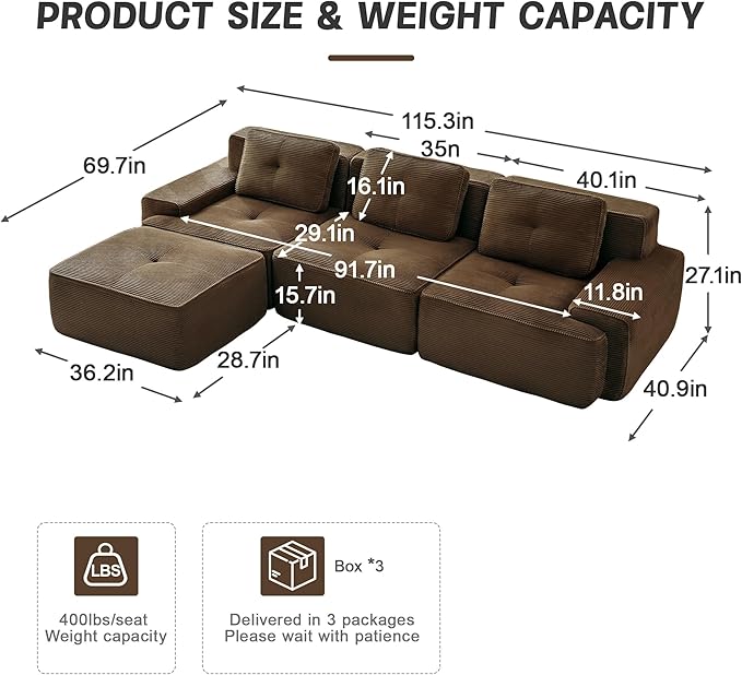 Casaphoria 115'' Boneless Sofa with Ottoman, 3-Seater Modular Couch with 3 Pillows for Living Room, L Shape Cloud Sectional Sofa, No Assembly, Brown