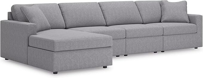 Signature Design by Ashley Modmax Stain Resistant Minimalist Modular Anti Sag Left-Arm Facing 4-Piece Sectional with Chaise, Loose Reversible Cushions and 2 Accent Pillows, Light Gray