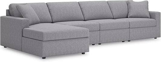 Signature Design by Ashley Modmax Stain Resistant Minimalist Modular Anti Sag Left-Arm Facing 4-Piece Sectional with Chaise, Loose Reversible Cushions and 2 Accent Pillows, Light Gray