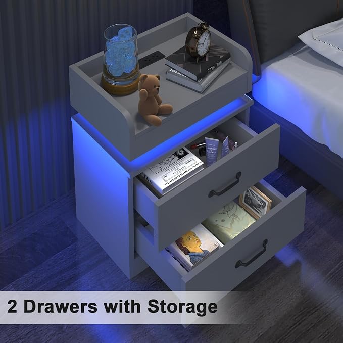 4ever2buy Grey Nightstand Set of 2 with Charging Station and LED Lights Modern Bedside Tables with 2 Drawers for Bedroom - Image 9