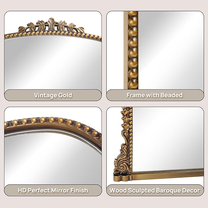 Vintage Baroque Arched Mirror - Traditional Ornate Antique Brass Wood Frame - 24"X32" - Perfect for Entryway, Fireplace, Living Room, Hallway, Bathroom - Image 5