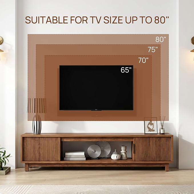 Alpen Fluted TV Stands for Living Room, 70" Mid Century Modern Entertainment Center with Storage, Brown Walnut TV Console for 65/75/80 Inch TV, Wood Television Media Cabinet for Bedroom - Image 8