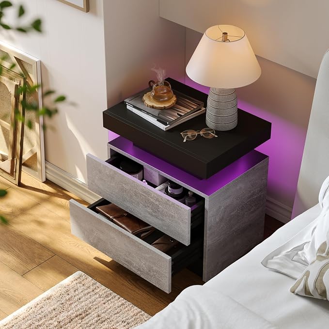 Cubehom Nightstands Set of 2, Bedside Tables with LED Lights, Night Stands with 2 Wood Drawers, End Tables Set of 2 for Living Room/Bedroom - Image 3