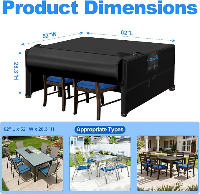 Outdoor Dining Table Cover, 600D Outdoor Furniture Set Covers, Waterproof Patio Table and Chair Set Cover with Flip-Open Zipper Design, Windproof Buckle Straps, 62" L x 52" W x 28.3" H - Image 3