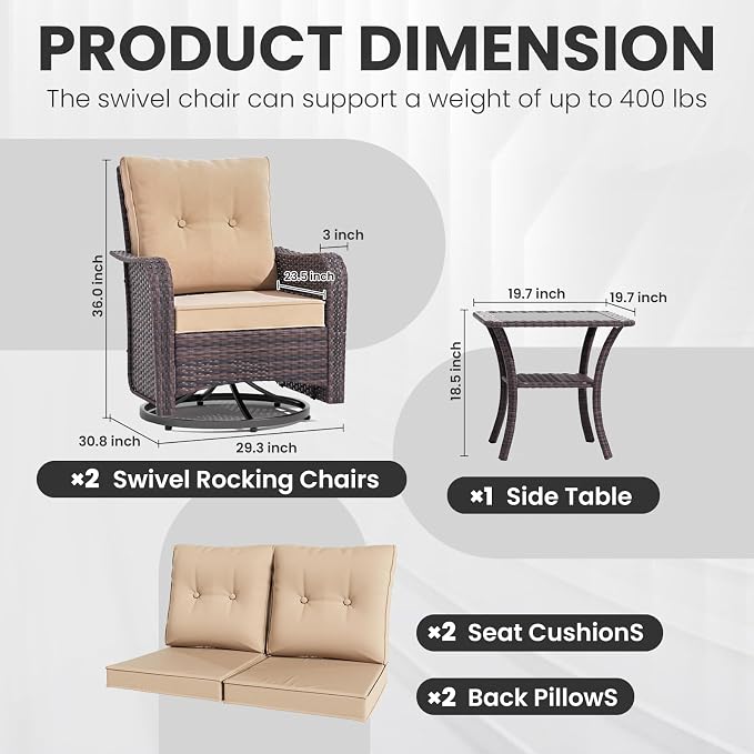Gotland Outdoor Swivel Chairs Set of 2, 3 Pieces Patio Furniture Set with Thick Cushion, Wicker Rocking Patio Chairs Set of 2, Patio Bistro Set with Double-Layer Coffee Table for Balcony Porch Khaki - Image 3
