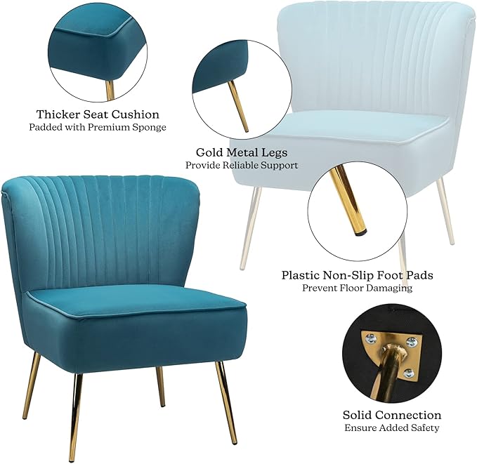 HULALA HOME Velvet Accent Chair, Modern Upholstered Cute Side Chair with Gold Metal Legs, Armless Wingback Slipper Chair Comfy Living Room Chair for Bedroom Guest Room Vanity, Blue
