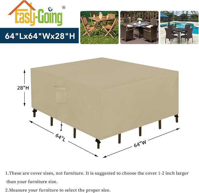 Easy-Going Square Patio Furniture Cover Waterproof Outdoor Dining Table and Chair Cover Anti-UV Outside Sectional Sofa Set Covers (64"L x 64"W x 28"H, Camel) - Image 2