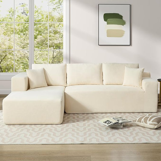 Rovibek Modular No Assembly Compression Sofa with 5 Pillows, L Shape Sectional Couch Deep Seat Couches with Chaise for Living Room, White