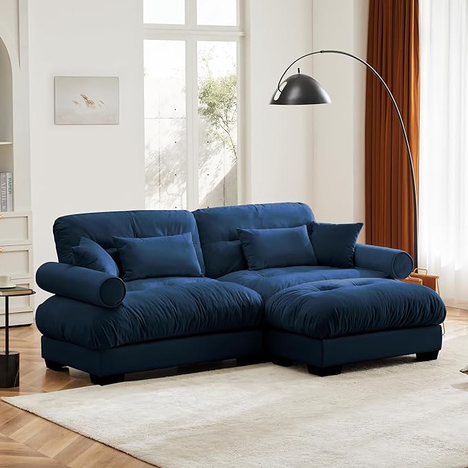 KEIKI 94" L-Shaped Oversized Velvet Modular Sectional Loveseat Sofa with 1 Ottoman, High-Density Foam Cushion, Bolstered Armrest, Upholstered 2-Seater Cloud Couch with 4 Pillow, for Living Room, Blue
