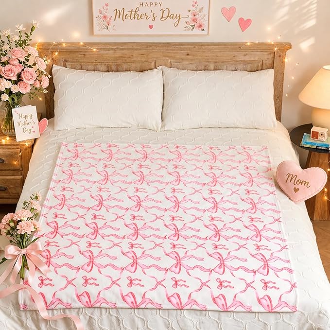 Pink Bow Twin Blanket – 60x80 Inch Soft Fleece Blanket for Girls and Women, Coquette Aesthetic Room Decor for Bed, Couch, Chair, Preppy Bedroom or Gift, Cute Pink Bow Decor Blanket