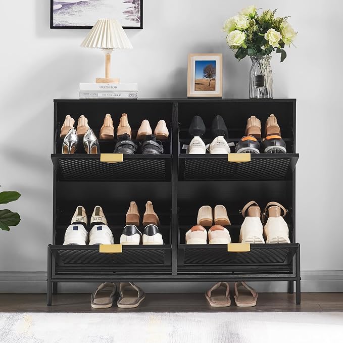 Shoe Cabinet Storage with 4 Flip Drawers, Narrow Hidden Shoes Organizer Cabinet for Entryway, Freestanding Slim Shoe Rack Front Door Entrance(Black) - Image 3