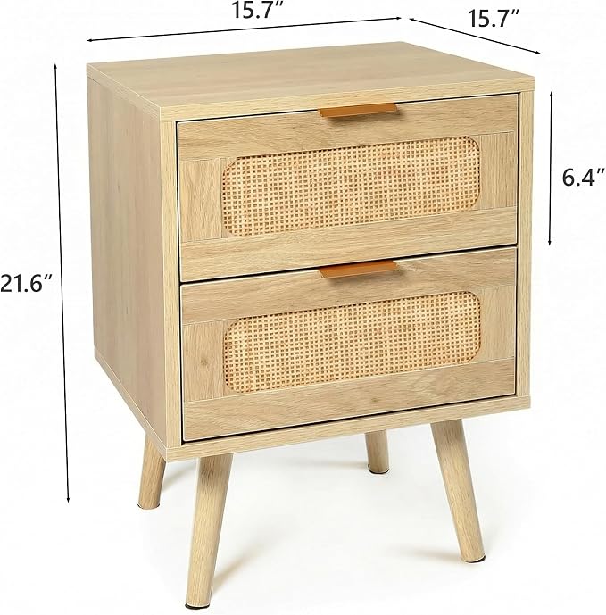 HOPUBUY Nightstands Set of 2 with Rattan Drawer, Modern Night Stand for Bedrooms, Wooden 2 Drawer Bedside Table Side Table for Small Place and Bedroom (Oak, 2 Drawers 2 Pack) - Image 3