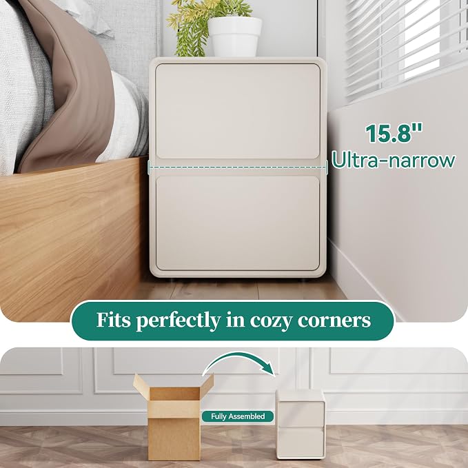 15.8" W Faux Leather Narrow Nightstand, Fully-Assembled Bedside Table with 2 Drawers, Wood Night Stand Small Accent End Table & Side Table for Bedroom, White - Image 8