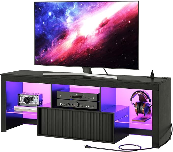 CHOEZON TV Stand with Power Outlet, Modern TV Cabinet for 55 60 inch TVs, Media TV Console with LED Light Strip, Media Entertainment Center with Storage, for Living Room, Bedroom, Black MDS02UDBB - Image 9