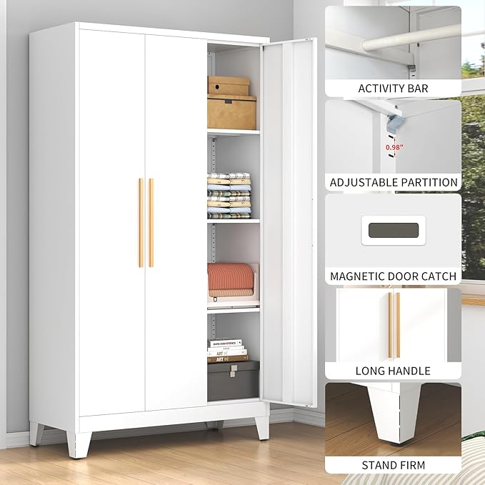 75.3" Tall Metal Armoire Wardrobe Closet with 3 Doors, Adjustable Hanging Rod and 5 Adjustable Shelves, Freestanding Storage Cabinet Organizer for Bedroom, Office, Laundry Room， White