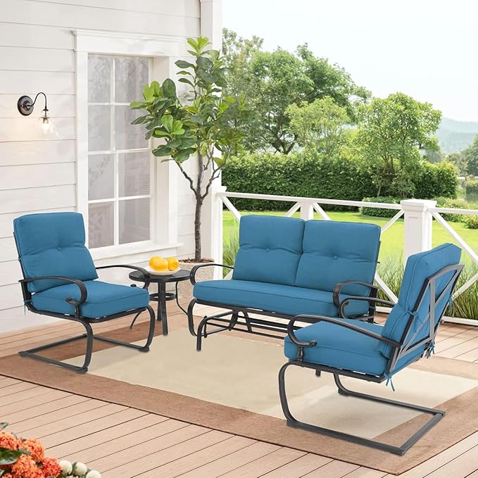 SOLAURA 4-Piece Outdoor Furniture Patio Conversation Sets Swing Glider Loveseat and Spring Lounge Chairs with Side Table for Garden, Deck, Balcony, Poolside, Lawns (Peacock Blue)