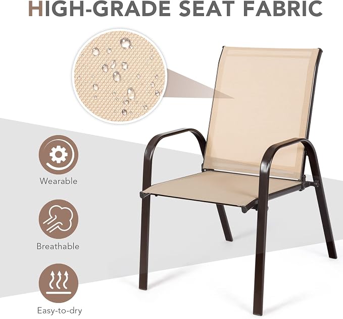 Tangkula 2 Piece Patio Dining Chairs, Outdoor Bistro Chairs W/Curved Armrests, Easy-to-Dry Fabric, Reinforced Steel Frame, Wide & Comfortable Camping Chairs for Garden, Poolside, Backyard (1, Beige) - Image 7