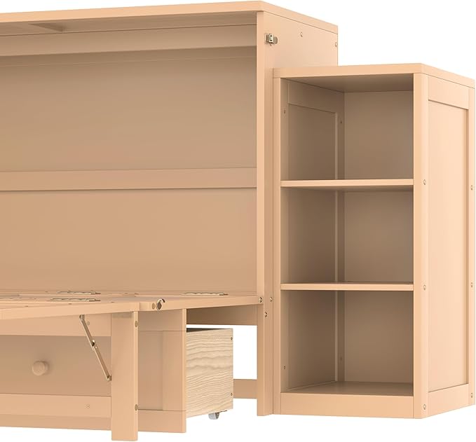 Bellemave Full Size Murphy Bed, Cabinet Bed with 2 Shelves and Storage Drawers, Farmhouse Murphy Cabinet, Noisy Free, for Guest Bedroom, Living Room, Office, Golden