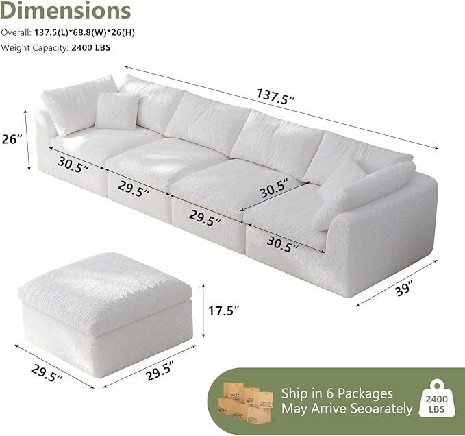 Modular Sectional Sofa Boneless Cloud Couch for Living Room, U Shape Deep Seat Recliner Sofa with Ottoman, Adjustable Backrest & 2 Throw Pillows - Covers Washable, (White, 4 Seater+4 Ottoman)