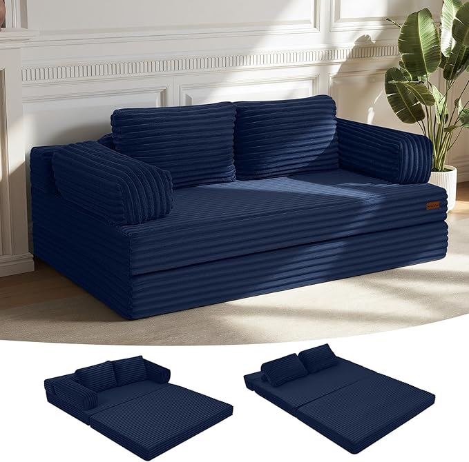 MeMoreCool Convertible Sofa Bed, Folding Floor Couch Bed Queen, Pull Out Sleeper Couch with Pillows, Fold Out Futon Sofa for Bedroom Living Room Small Space, Corduroy Beige