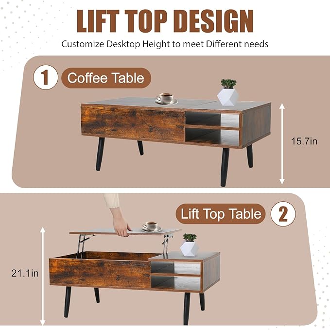 NChanmar Coffee Table for Living Room, Lift Top Coffee Table with Adjustable Storage and Hidden Compartment, Wood Center Table, Living Room Furniture for Home, Office-Brown