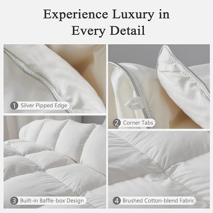 DWR Luxury Feather Down Fiber Comforter California King Size, Ultra-Soft Cotton-Blend Fabric, 750 FP Medium Weight for All Season Hotel Style Fluffy Duvet Insert with Ties (104"x96", White)