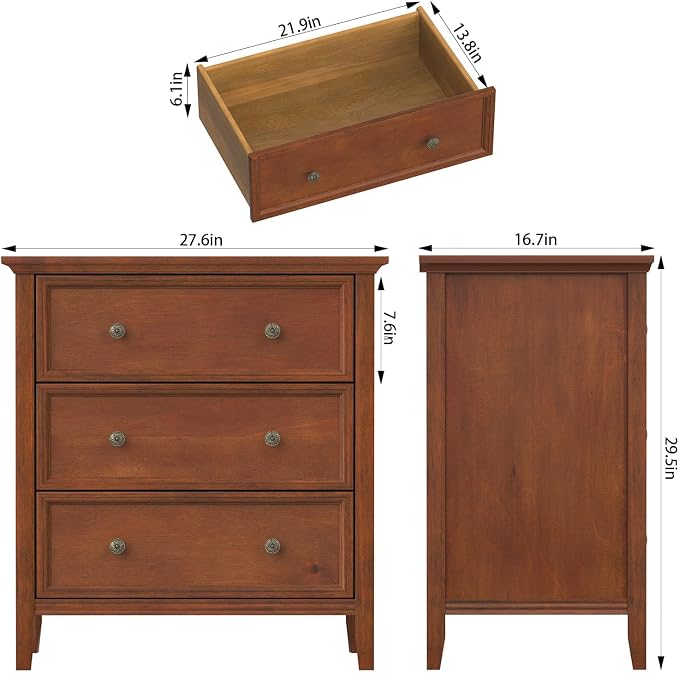 IKENO 3 Drawer Nightstand with Charging Station, Solid Wood Caramel End Table with USB Ports & Outlets, Modern Bedside Table with Storage Drawers for Bedroom, Living Room, 27.6" W x 16.8" D x 26.8" H - Image 3